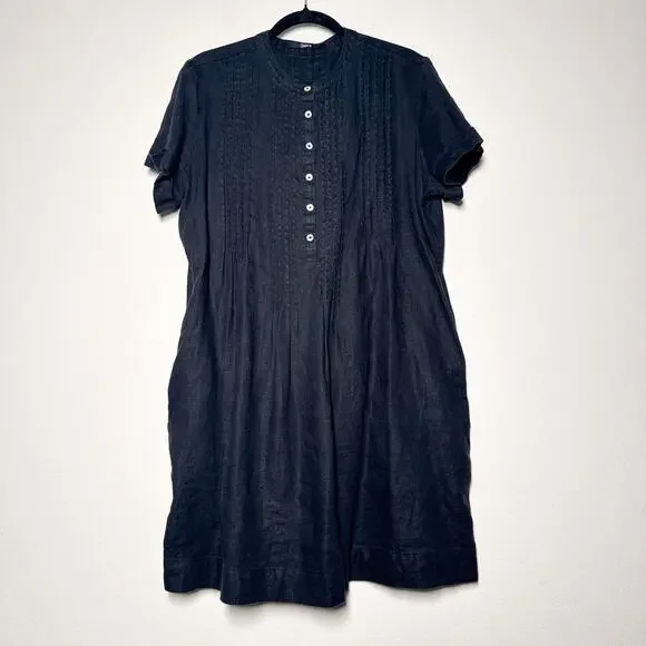 Quince Black Linen Swing Dress Pleated Short Sleeve S - Picture 2 of 9